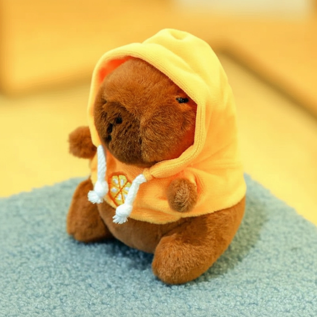 Brown capybara doll wearing a bright yellow hoodie with a lemon slice pattern, hanging from a hand.