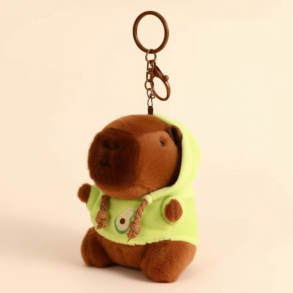 Plush capybara toy in a bright green hoodie featuring an avocado design.