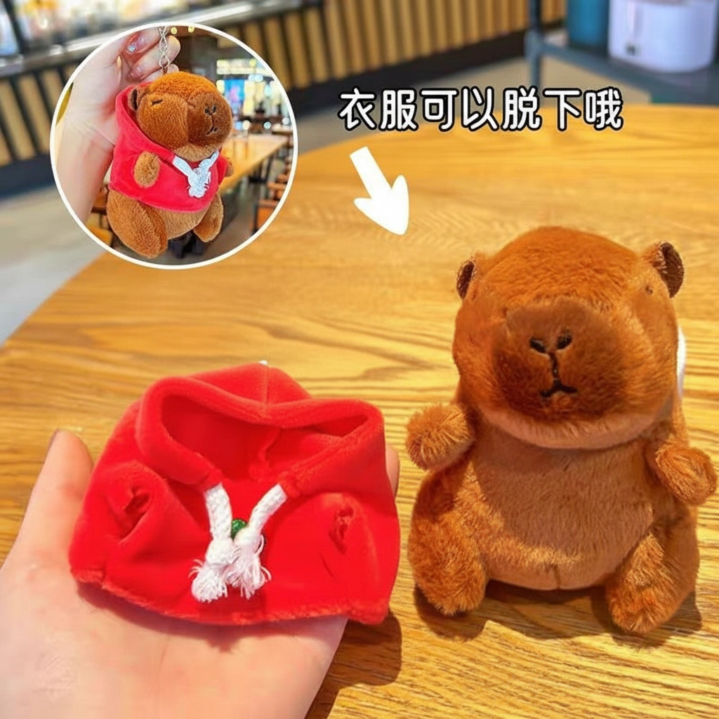 Capybara stuffed animal wearing a red hooded sweatshirt with a strawberry embroidered on the front.
