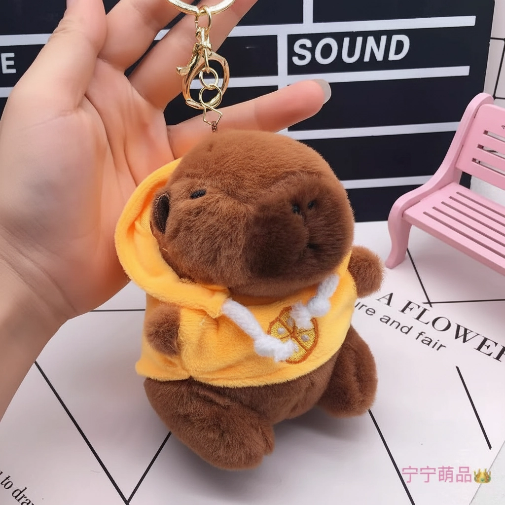 Brown capybara doll wearing a bright yellow hoodie with a lemon slice pattern, hanging from a hand.