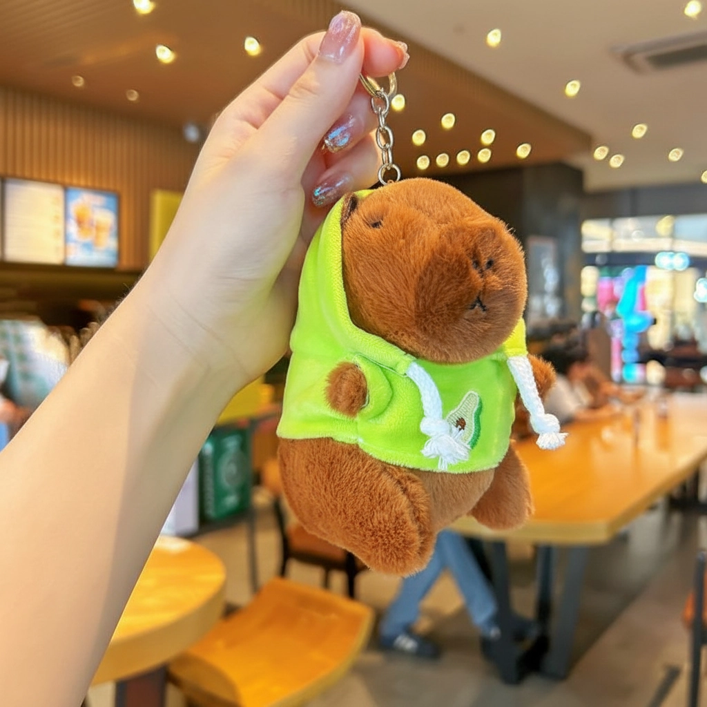 Plush capybara toy in a bright green hoodie featuring an avocado design.