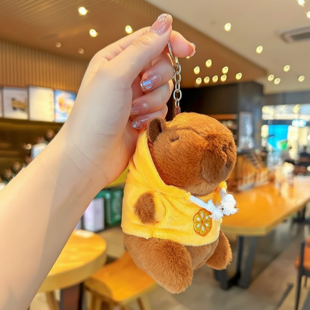 Brown capybara doll wearing a bright yellow hoodie with a lemon slice pattern, hanging from a hand.