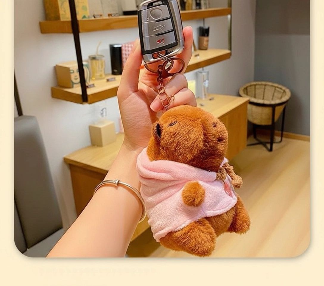 Soft capybara keychain dressed in a pink sweatshirt with a peach embroidery detail.