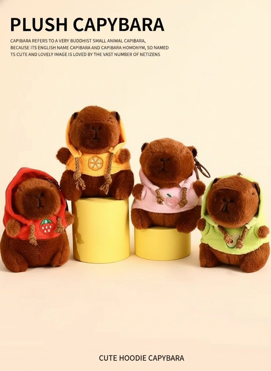 Four capybara plush keychains sitting together wearing red, green, orange, and pink hoodies with fruit embroidery.
