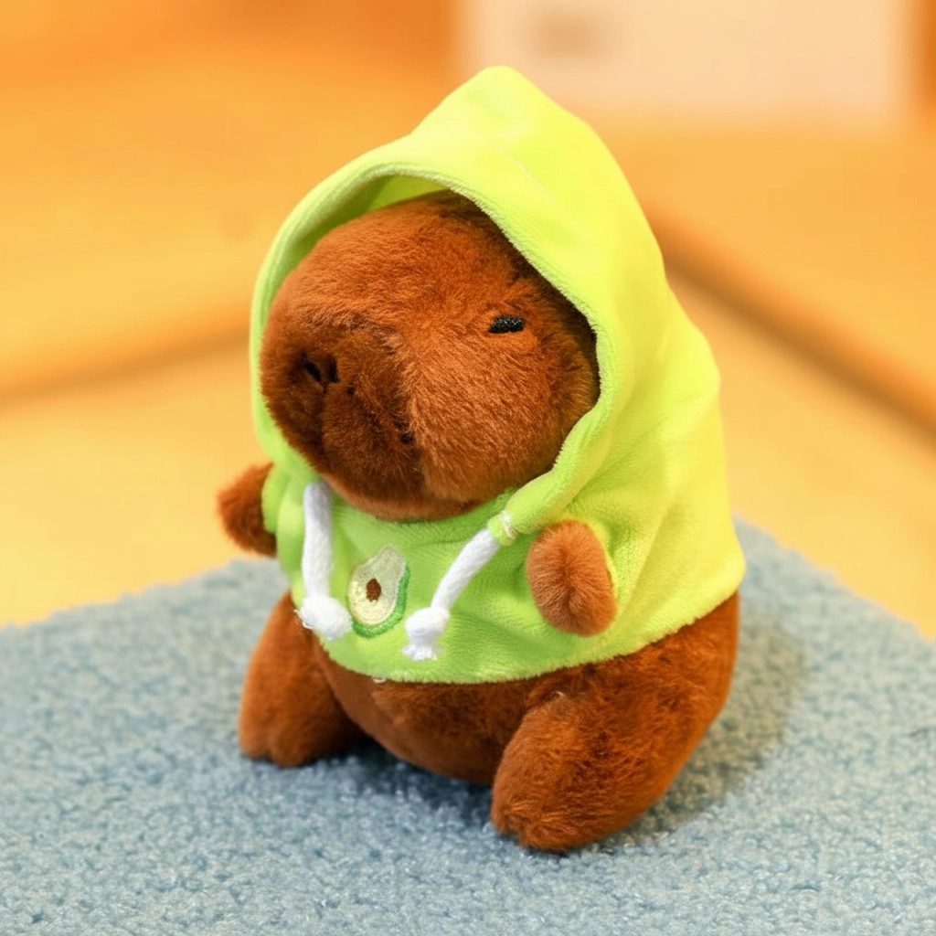 Plush capybara toy in a bright green hoodie featuring an avocado design.