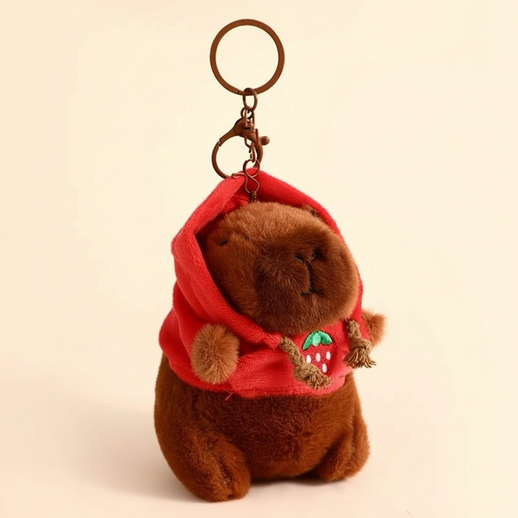 Capybara stuffed animal wearing a red hooded sweatshirt with a strawberry embroidered on the front.