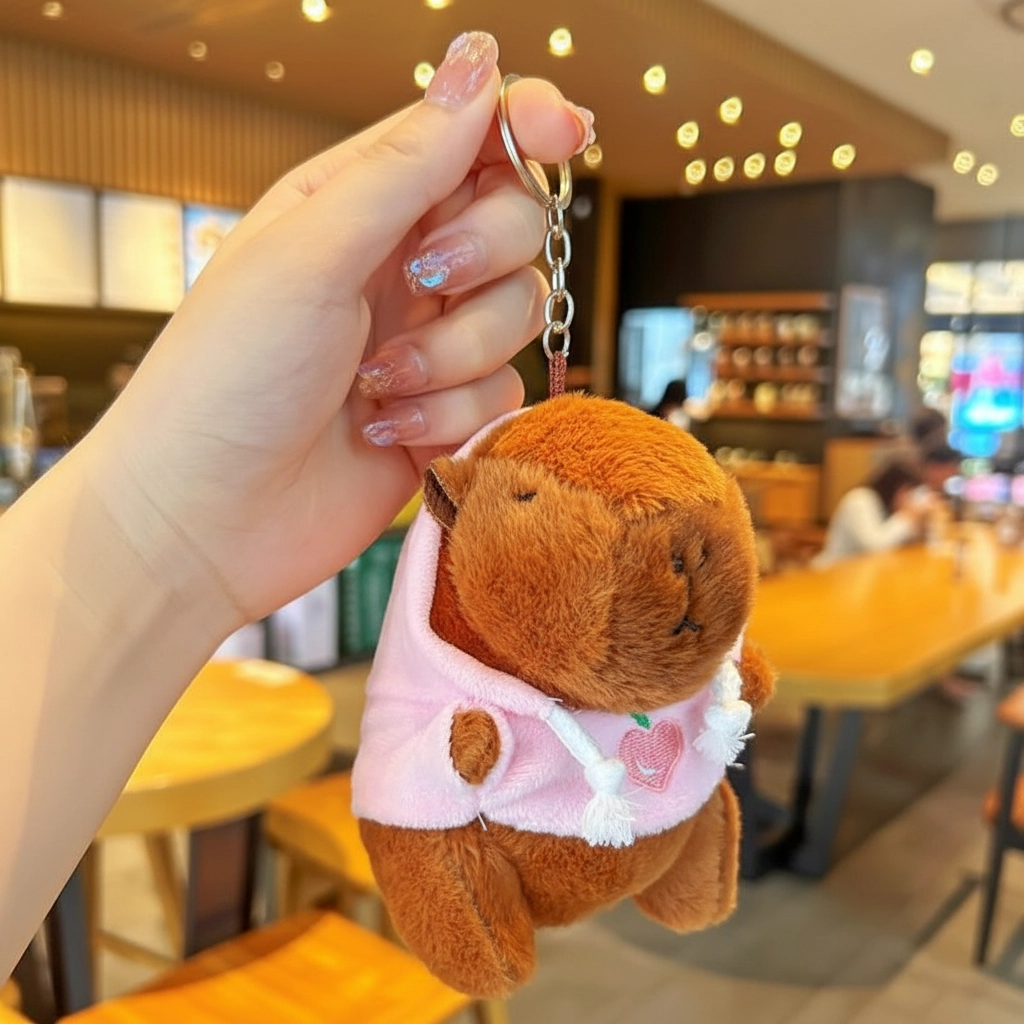 Soft capybara keychain dressed in a pink sweatshirt with a peach embroidery detail.