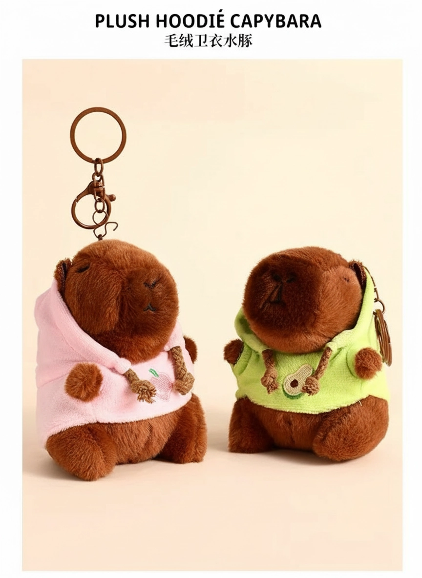 Hoodie Capybara Plush Keychain – Stuffed Animal in Fruit Themed Sweatshirt (10cm)