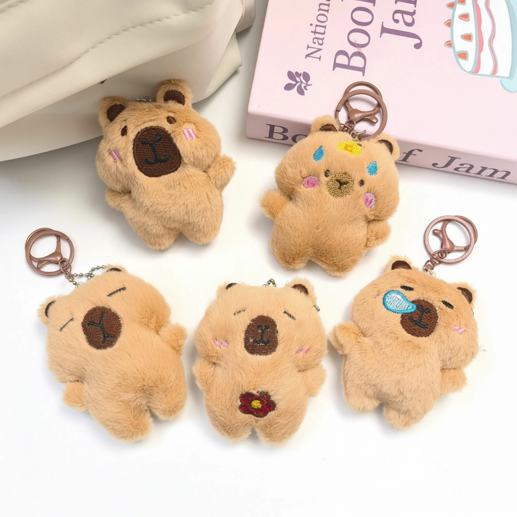 A collection of five 9cm brown capybara plush keychains showing different emotions, including sleeping, holding a flower, and having a snot bubble.