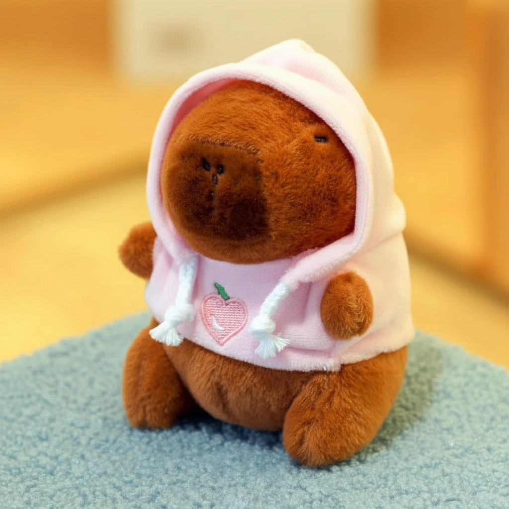 Soft capybara keychain dressed in a pink sweatshirt with a peach embroidery detail.