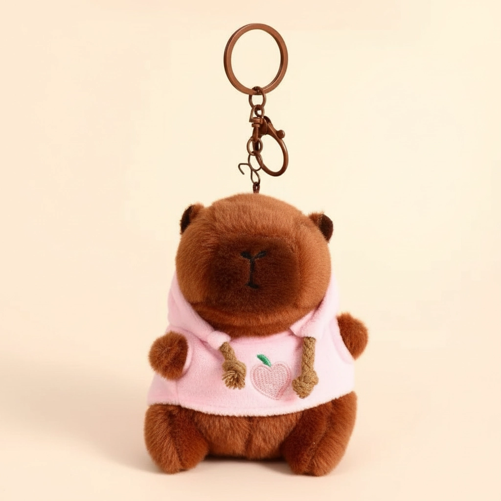 Soft capybara keychain dressed in a pink sweatshirt with a peach embroidery detail.