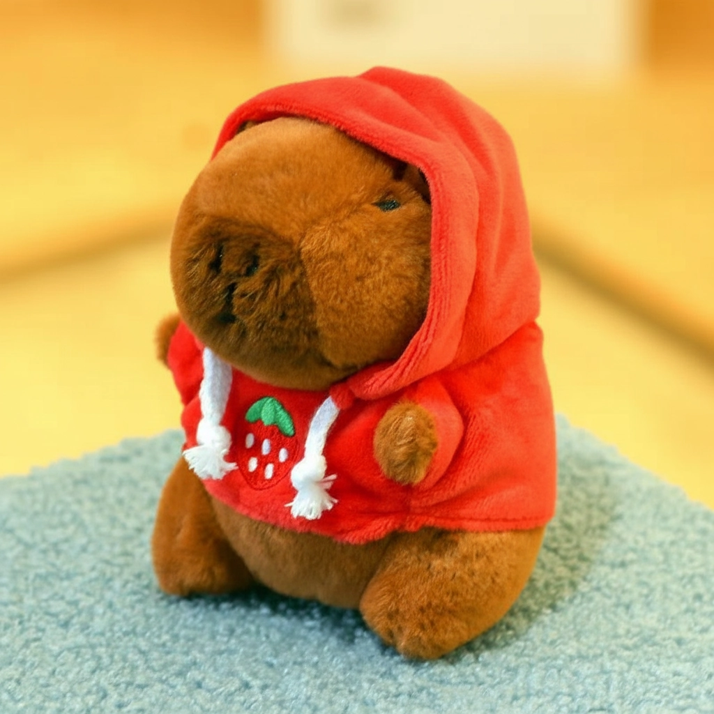 Capybara stuffed animal wearing a red hooded sweatshirt with a strawberry embroidered on the front.