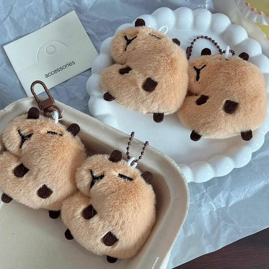 Four squeaky capybara plushies sitting together, showcasing their side profile and small brown legs.