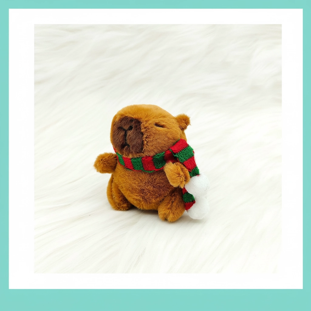 A sitting capybara stuffed toy wearing a festive winter scarf with white pom-poms on a white background.