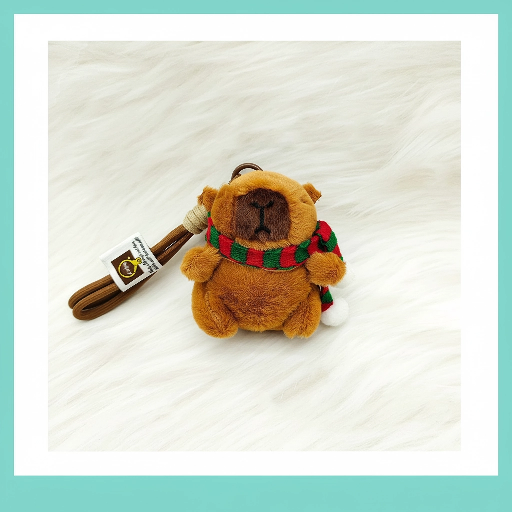 Close-up of the braided cord attachment and the embroidered facial expression of the capybara plush.