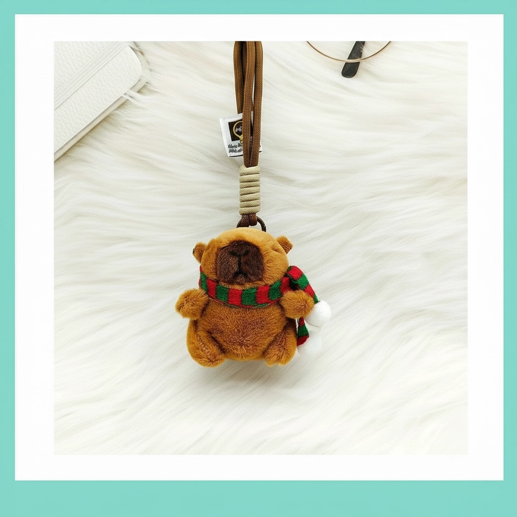 Front view of capybara plush pendant hanging by a brown woven rope strap, wearing a red and green scarf.