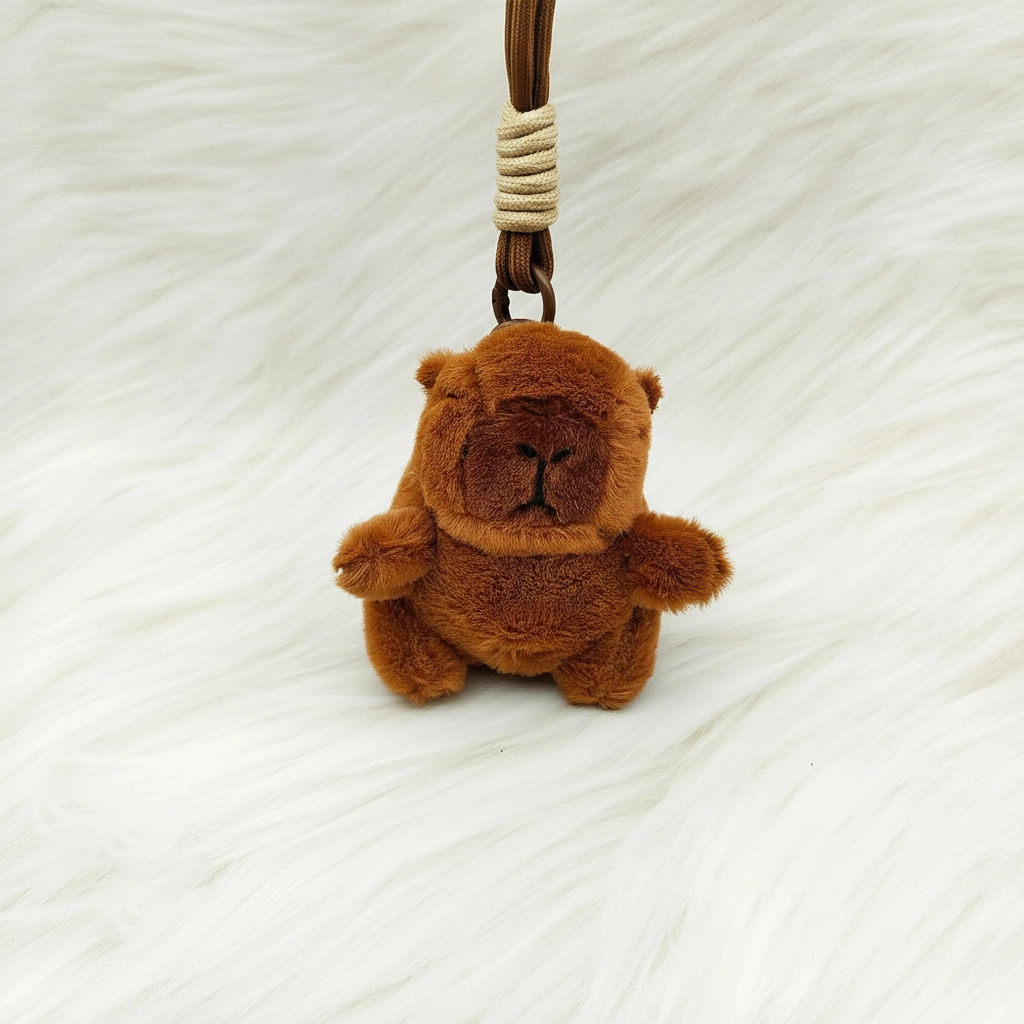 Close-up of the braided cord attachment and the embroidered facial expression of the capybara plush.
