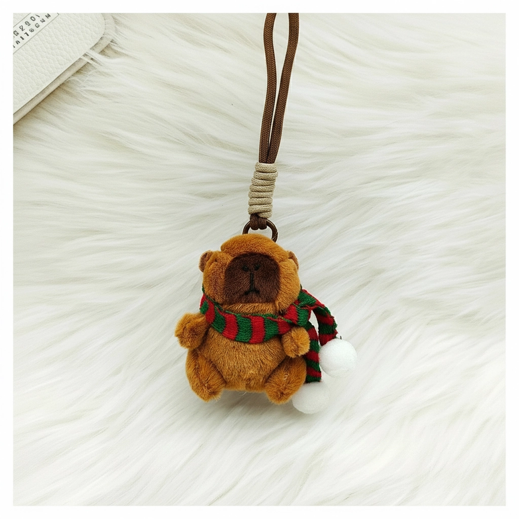 Front view of capybara plush pendant hanging by a brown woven rope strap, wearing a red and green scarf.