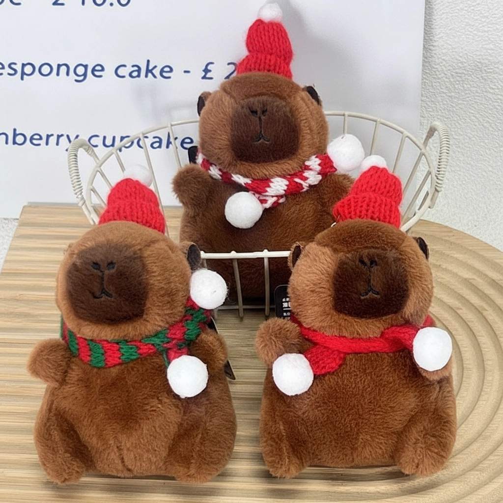 Three Christmas-themed capybara plush keychains sitting together, wearing different knitted hats and scarves in red and green colors.