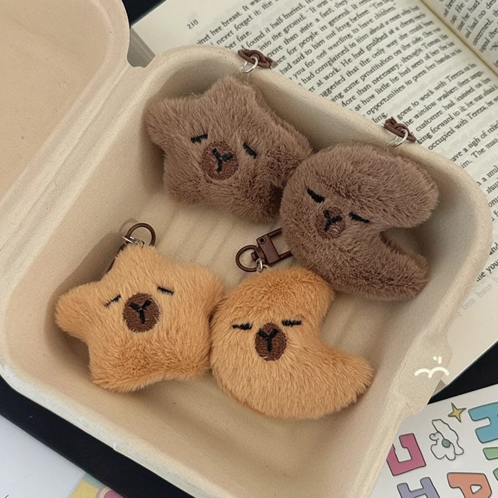 Group of four capybara plush keychains showing light and dark brown versions of star and moon shapes.