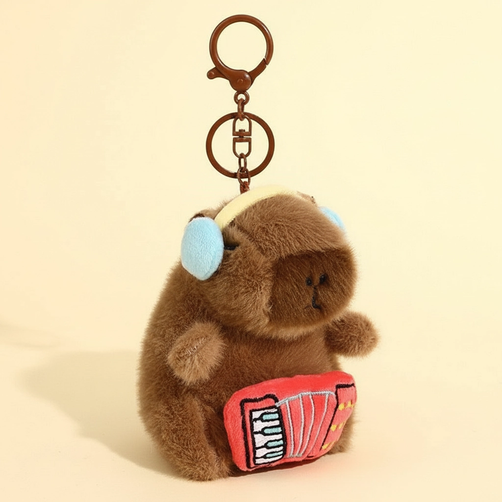 Capybara soft keychain with blue earmuffs playing a red accordion.