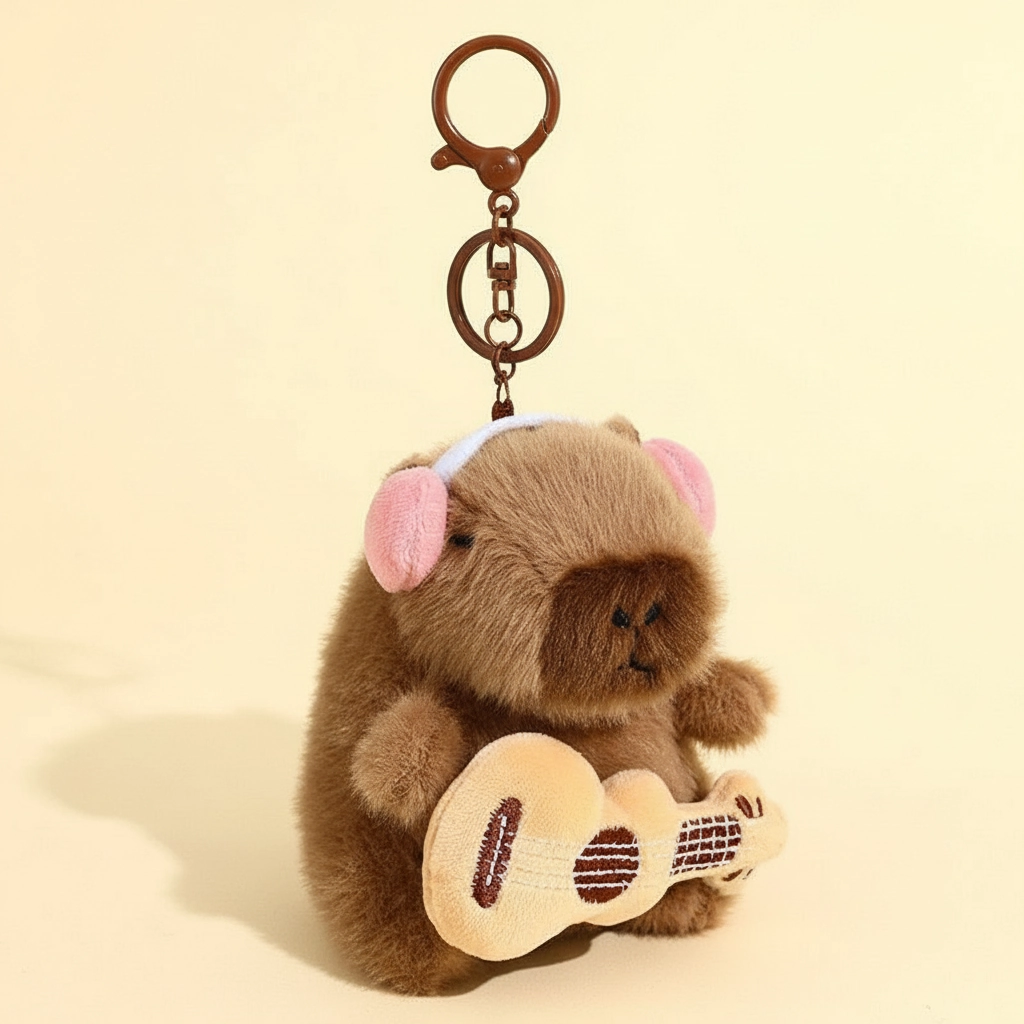 Brown capybara stuffed toy wearing pink earmuffs and holding a beige acoustic guitar.