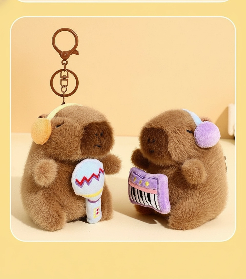 Musical Capybara Plush Keychain – Interactive Pull-String Instrument Toy (11cm)