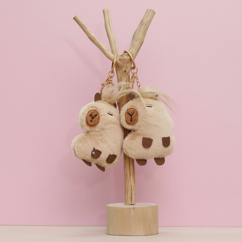 A pair of beige capybara bag charms with long hair hanging together, showcasing their matching neutral colors.