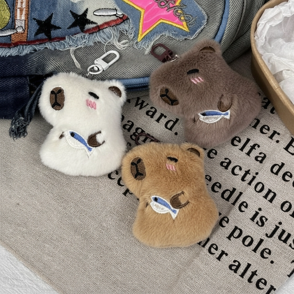 Three capybara plush keychains with different fur colors, each holding a small fish toy.
