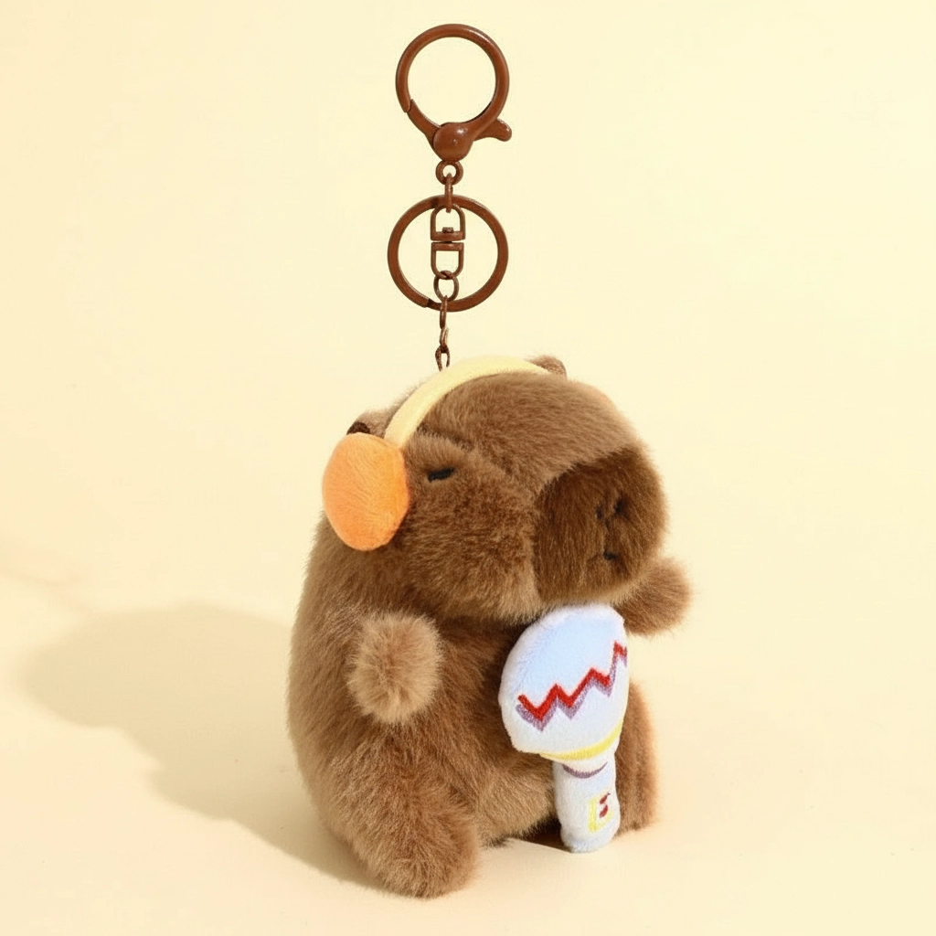 Capybara doll with orange earmuffs holding a blue and white microphone shaker.