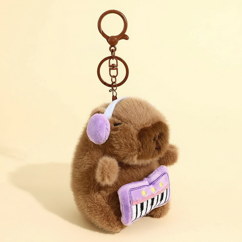 Capybara plushie with purple earmuffs holding a purple piano keyboard.
