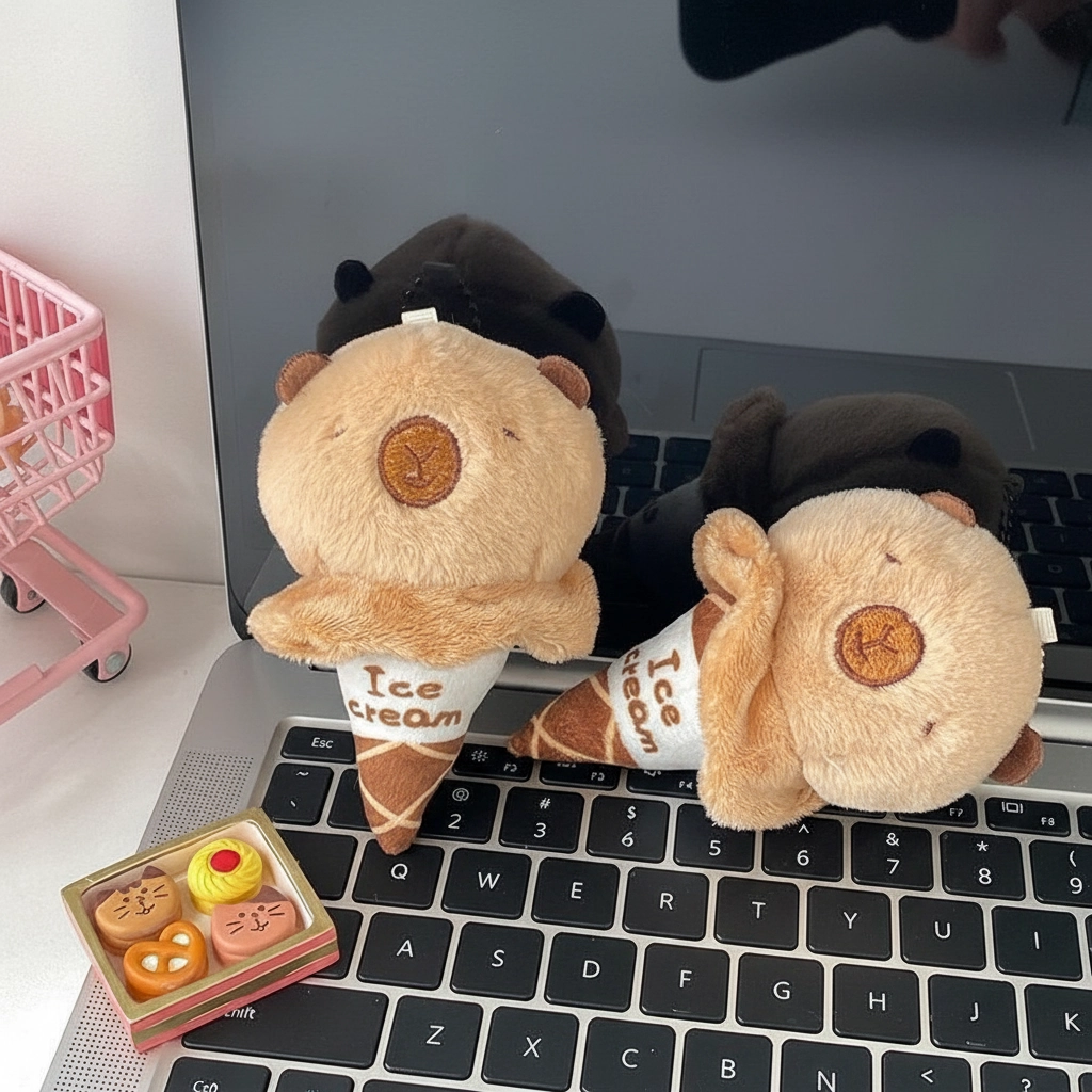 A plush keychain shaped like an ice cream cone, featuring a brown capybara head as the ice cream scoop sitting on a white and brown waffle cone embroidered with the text "Ice Cream".