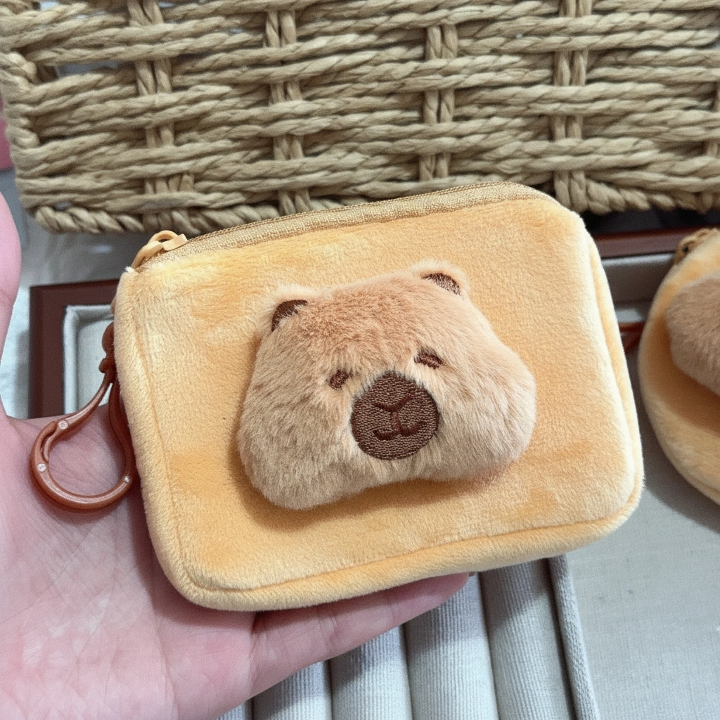 Soft yellow plush capybara wallet coin purse shown in square, featuring a 3D brown snout and hanging clip.