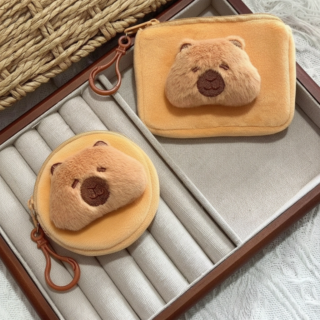 Soft yellow plush capybara wallet coin purse shown in square and round shapes, featuring a 3D brown snout and hanging clip.