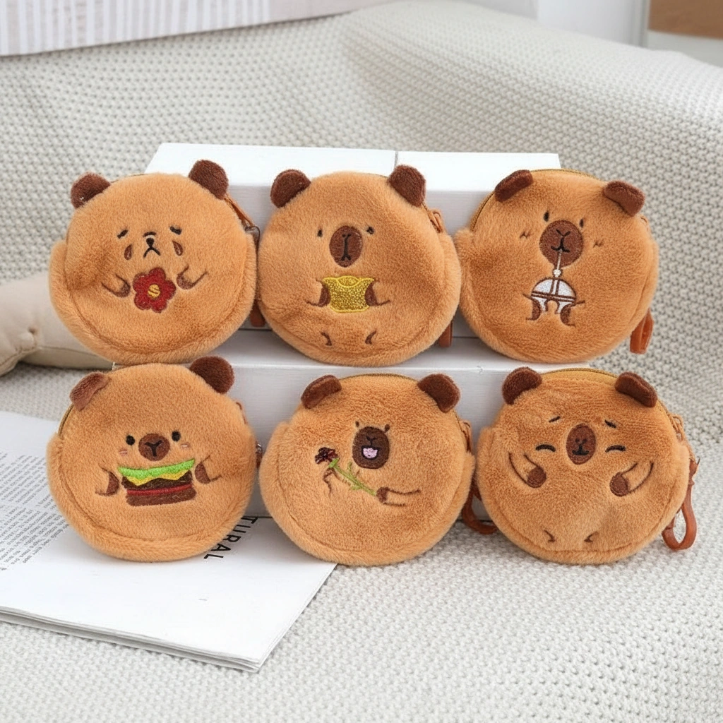 A series of round plush capybara purses featuring embroidered details of the animal holding items like a burger, bubble tea cup, gold ingot, and red flower.