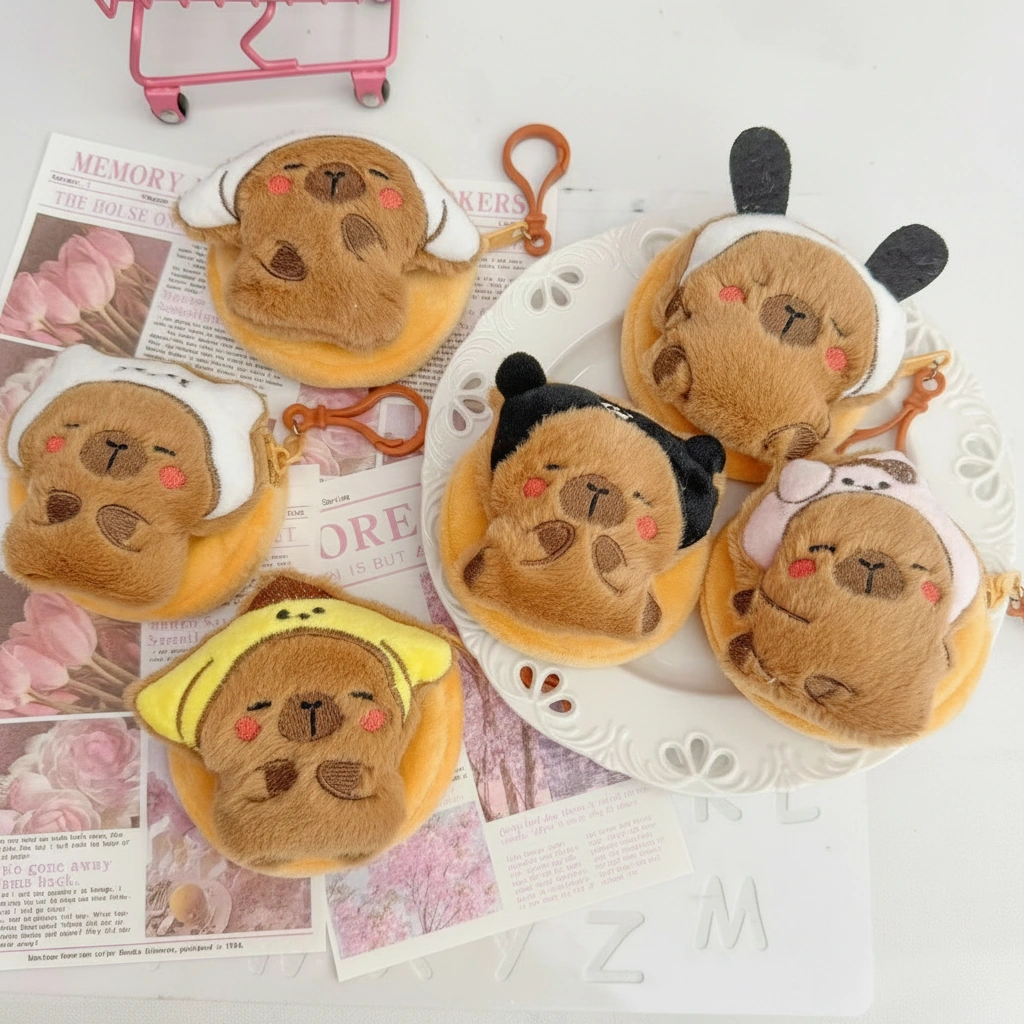 A collection of round plush capybara purses featuring different animal headbands and costumes