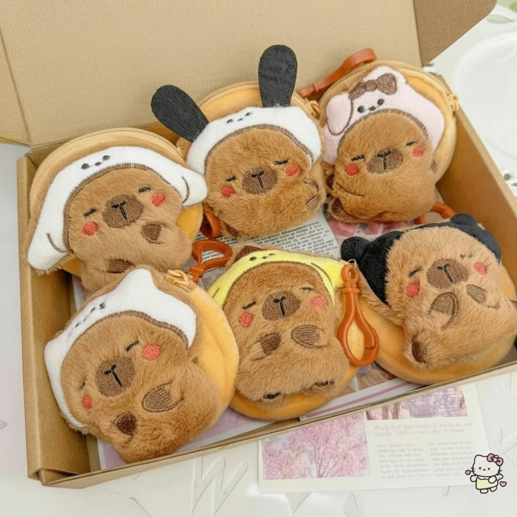 A collection of round plush capybara purses featuring different animal headbands and costumes