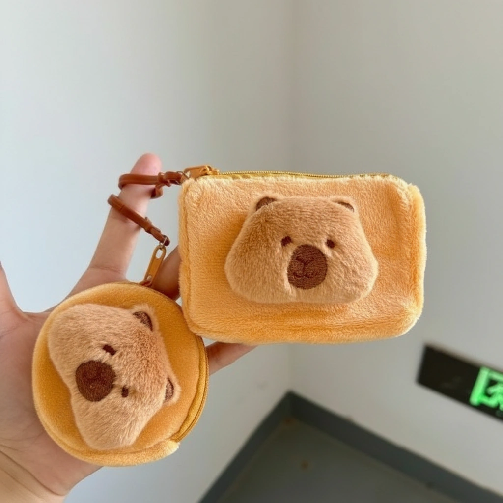 Soft yellow plush capybara wallet coin purse shown in square and round shapes, featuring a 3D brown snout and hanging clip.