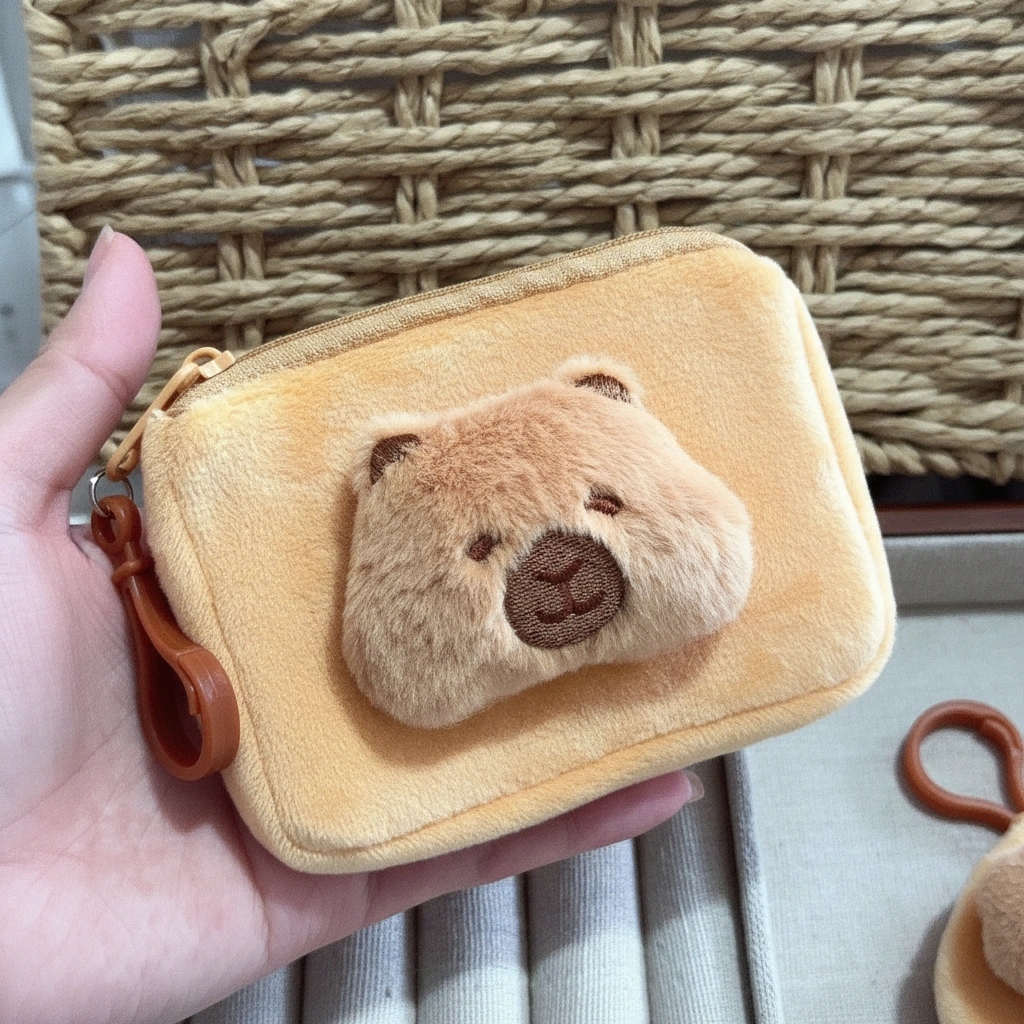 Soft yellow plush capybara wallet coin purse shown in square, featuring a 3D brown snout and hanging clip.