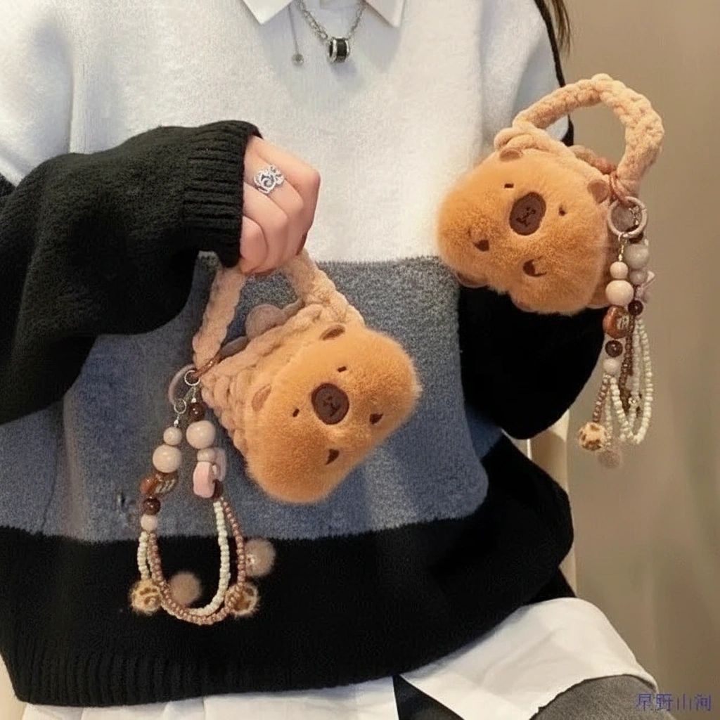A fuzzy, beige mini handbag shaped like a capybara head, featuring soft twisted handles and a plush texture, held by a model.