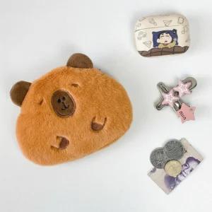 Capybara Purse – Flat Plush Storage Pouch in Brown and Pink (13x10cm)