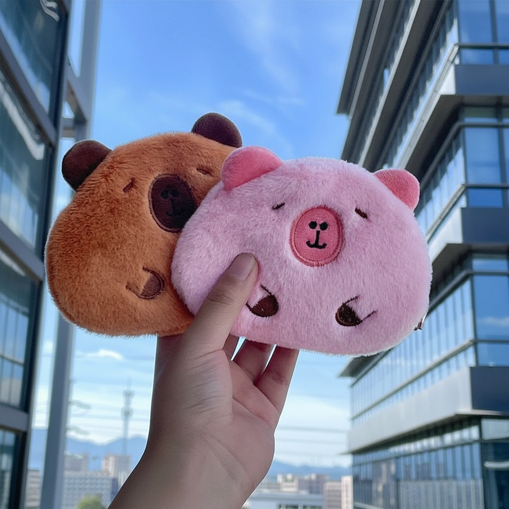A flat plush capybara purse shown in classic brown and pastel pink colors, measuring 13x10cm, displayed with coins and accessories.