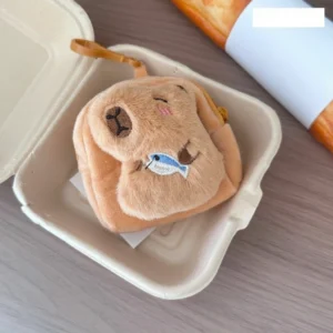 Plush Capybara Holding Blue Fish Coin Purse - Toast Shaped Mini Bag