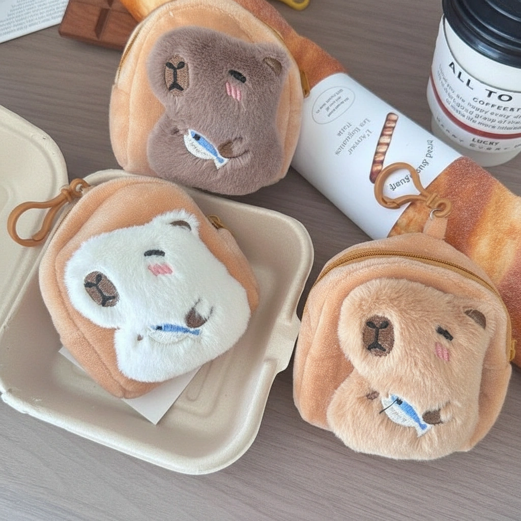 Toast-shaped plush coin purse featuring a 3D winking capybara hugging a blue fish, available in white, tan, and brown colors.