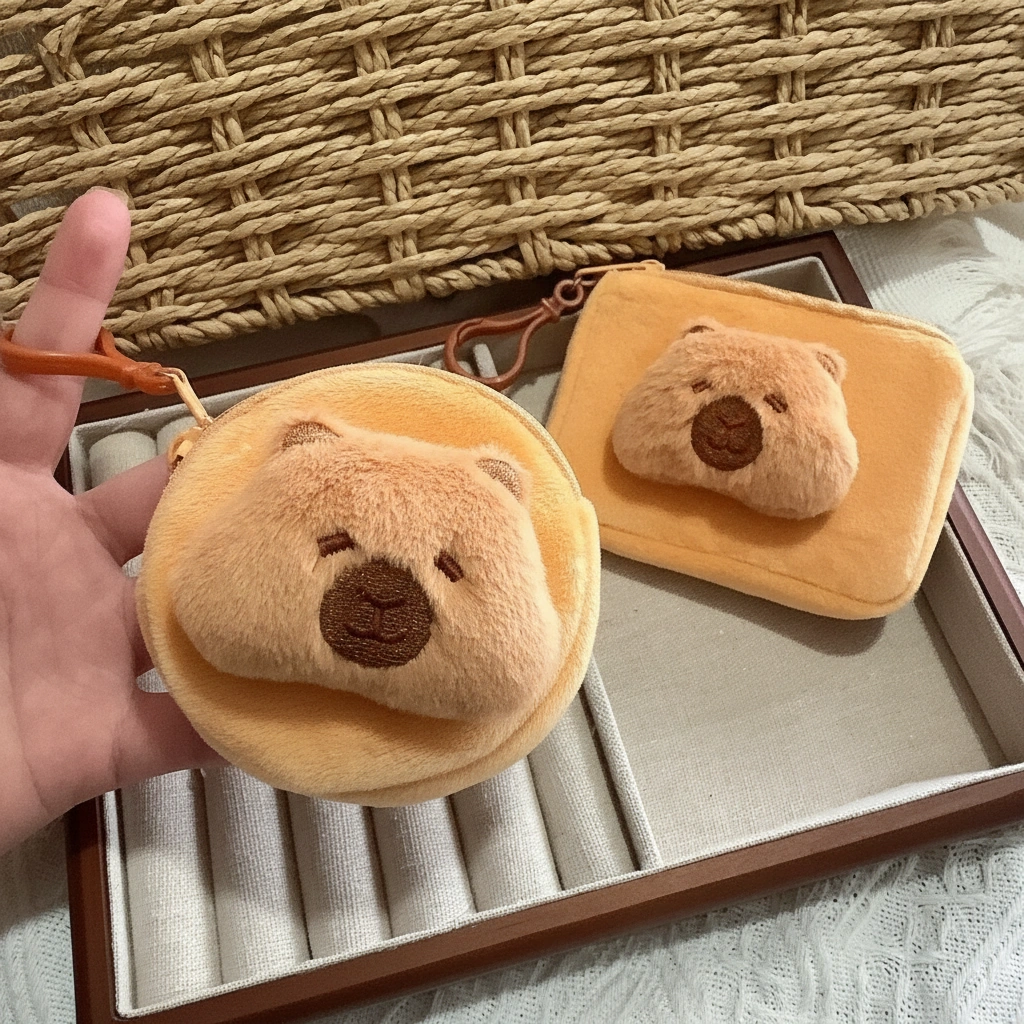 Soft yellow plush capybara wallet coin purse shown in square and round shapes, featuring a 3D brown snout and hanging clip.