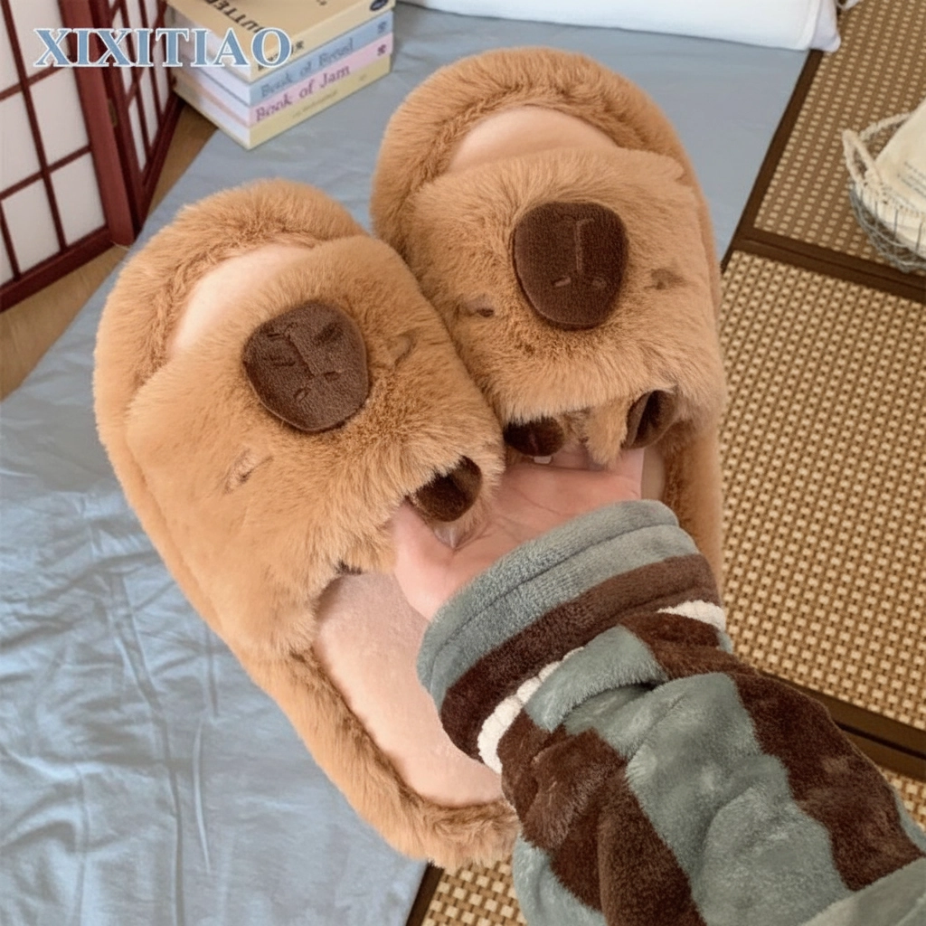 Fuzzy Capybara Plush Slides – Warm Winter House Slippers