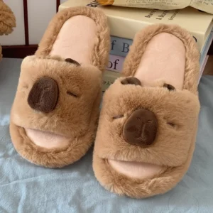 Fuzzy Capybara Plush Slides – Warm Winter House Slippers
