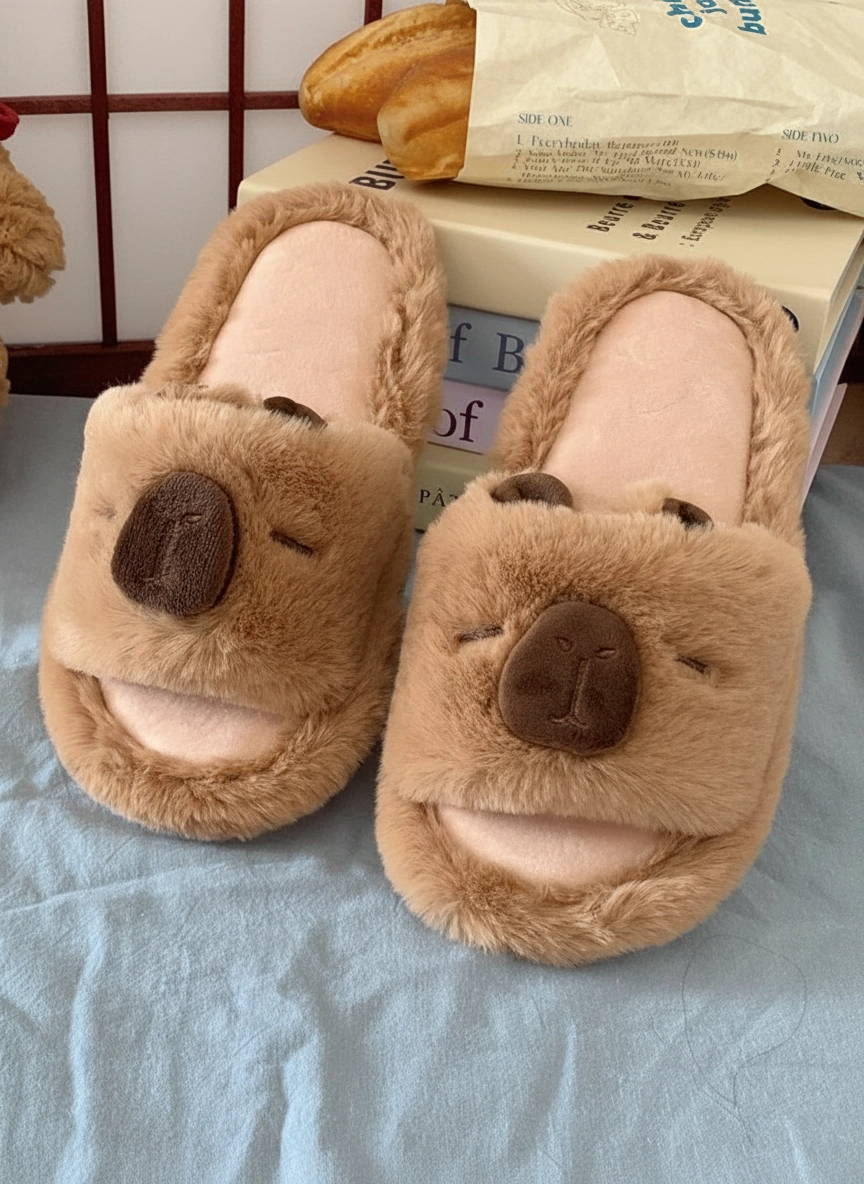 Fuzzy Capybara Plush Slides – Warm Winter House Slippers