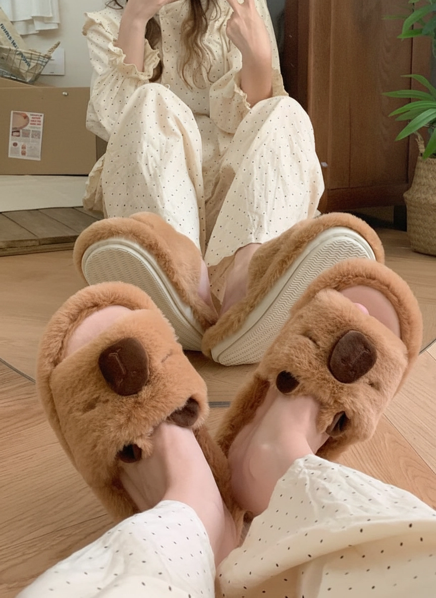 Fuzzy Capybara Plush Slides – Warm Winter House Slippers