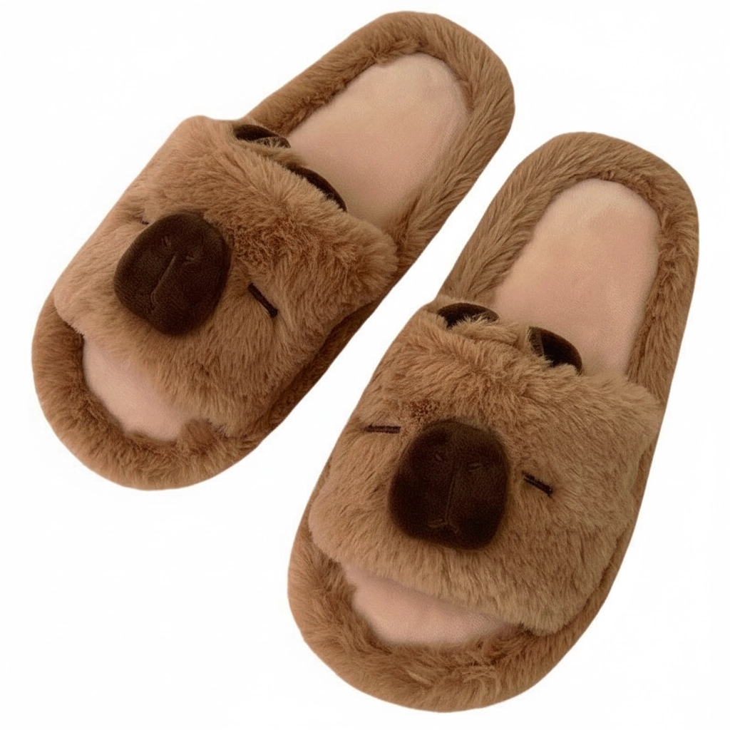 Fuzzy Capybara Plush Slides – Warm Winter House Slippers